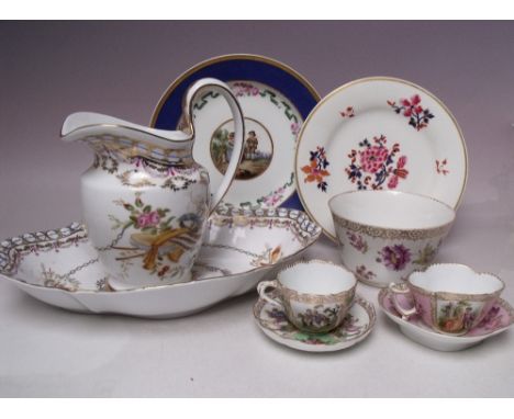 A COLLECTION OF DECORATIVE 20TH CENTURY CERAMICS, comprising two cabinet plates, two ornate cups and saucers, a jug, shaped s