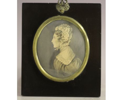 (XIX). Oval portrait miniature of Mrs Avaro, see verso, unsigned, watercolour on paper, framed and glazed, frame with acorn f