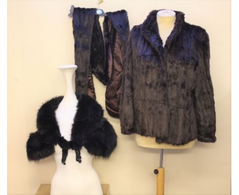 A VINTAGE FOX FUR AND BLACK VELVET SHRUG / CAPE, fully lined, together with another vintage real fur stole and a similar jack