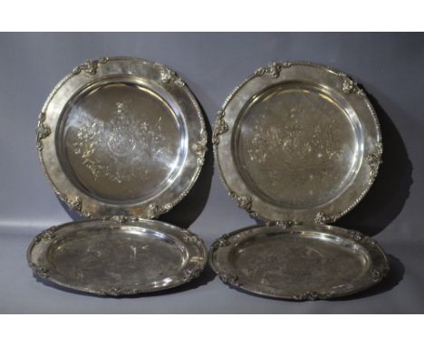 FOUR VINTAGE SILVER PLATED CIRCULAR CEREMONIAL PLATES, having the Marquis of Londonderry crest, Dia. 34 cm (4)