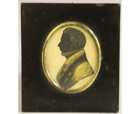 (XIX). Oval portrait miniature of a gentleman in black jacket and white stock, silhouette verso, unsigned, watercolour and in