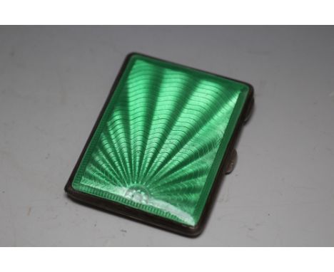 A HALLMARKED SILVER AND GREEN GUILLOCHE ENAMEL CIGARETTE CASE BY T&amp;S - BIRMINGHAM 1938, H 8.5 cm