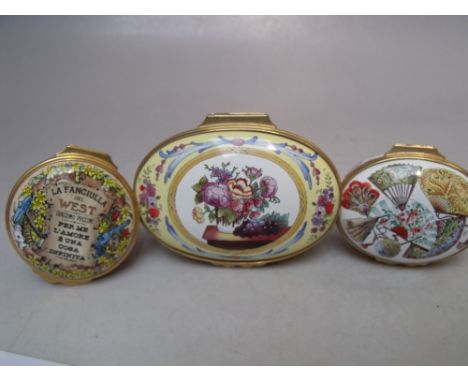 THREE HALCYON DAYS ENAMEL TRINKET / PILL BOXES, comprising The Metropolitan Opera, a National Trust  Tipu Sultan related deco