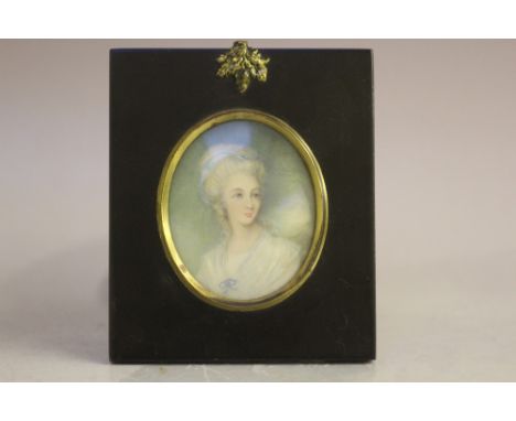 (XIX). British school oval portrait miniature on ivory of a young woman in white dress, landscape beyond, unsigned, framed an