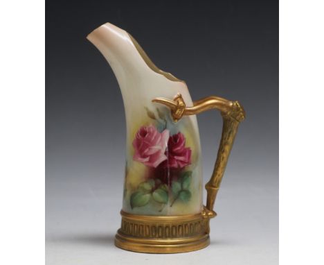 A ROYAL WORCESTER ROSES JUG, with naturalistic gilded handle, H 19.5 cm