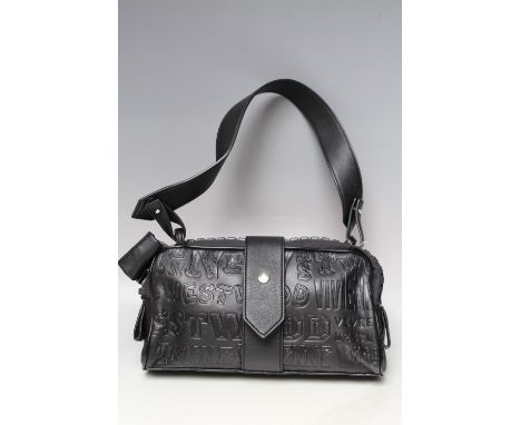 A VIVIENNE WESTWOOD EMBOSSED BLACK LEATHER HANDBAG, flat leather handle, over-sized zip fastening, with additional magnetic s