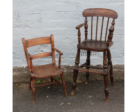 A SMALL ANTIQUE TRADITIONAL CHILDS ELM HIGH CHAIR, with turned supports and spindles, H 85 cm, S/D, together with another sma