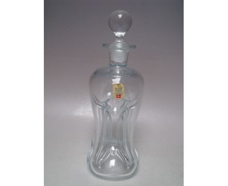 JACOB E BANG FOR HOLMEGAARD CLEAR GLASS 'KLUK KLUK' DECANTER, of small proportions, complete with stopper, original label, ov