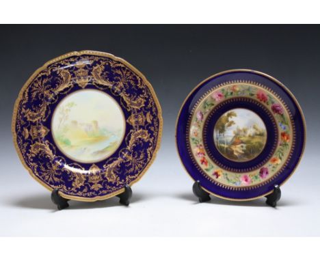 A HIGHLY JEWELLED ROYAL DOULTON CABINET PLATE - BARNARD CASTLE, Dia 27 cm, together with a damaged Royal Worcester plate, sig