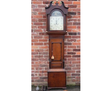 A 19TH CENTURY OAK AND MAHOGANY LONGCASE CLOCK WITH 8-DAY MOVEMENT BY BIRLEY - BIRMINGHAM, the painted arched dial with date 