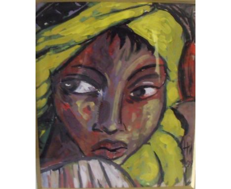 H.M. Modernist portrait study of a young black girl, signed with monogram and dated 2009 lower right, gouache on paper, frame