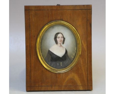 A. HUGE (XIX). An oval portrait miniature on ivory of a young lady in black dress, signed and dated 1840 middle to lower righ