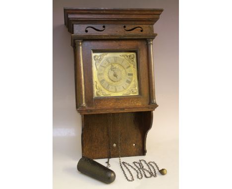 A GEORGIAN OAK CASED HOODED WALL CLOCK, with 30 hour movement, single steel hand and inner brass alarm dial, 5 1/2" brass dia