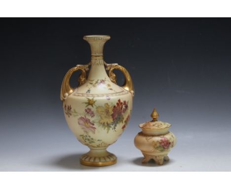 A ROYAL WORCESTER BLUSH IVORY TWIN HANDLED FLORAL VASE, H 27 cm together with a small pot pourri lidded vase (2)