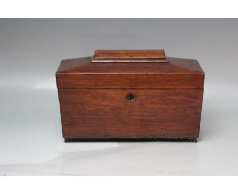 A LATE 19TH / EARLY 20TH CENTURY SARCOPHAGUS SHAPED TEA CADDY, with two tea compartments and mixing bowl, W 28 cm, D 15 cm, H