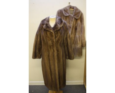 A LADIES VINTAGE DAWN MINK FUR COAT, three-quarter length, fully lined, side pockets and hook fastening, together with anothe