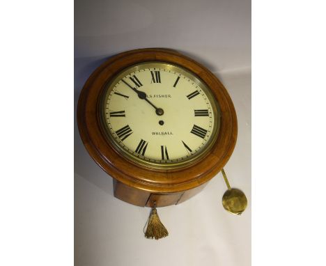 A 19TH CENTURY MAHOGANY CASED CIRCULAR WALLCLOCK WITH SINGLE FUSEE MOVEMENT, the enamel dial with Roman numerals - L. S. Fish