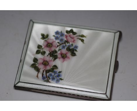 A HALLMARKED SILVER AND FLORAL DESIGN GUILLOCHE ENAMEL CIGARETTE CASE BY MAPPIN AND WEBB - BIRMINGHAM 1957, W 10 cm