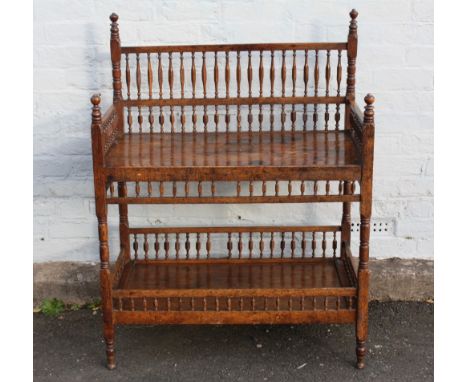 AN UNUSUAL ANTIQUE OAK BUFFET WITH TURNED SPINDLE DECORATION, of two tier construction with turned supports, H 122 cm, W 93 c