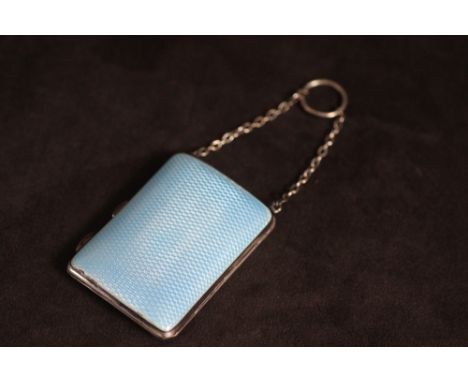 A HALLMARKED SILVER AND GUILLOCHE ENAMEL SHAPED CIGARETTE CASE - BIRMINGHAM 1912, with chain and suspension ring, H 7.5 cm