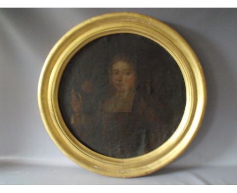 (XVII-XVIII). Circular portrait study of a cleric holding a rose, unsigned, oil on canvas, laid on board, framed, Dia. 56 cm