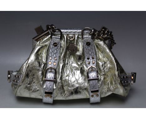 A VERSACE VINTAGE STYLE TWO TONE METALLIC HANDBAG, double chain link handles, twin magnetic clip fasteners, with buckle embel