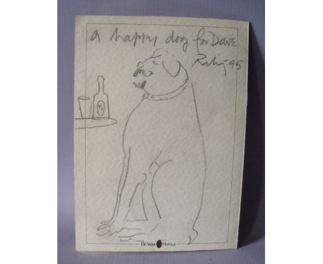 HAROLD RILEY (b.1934). Comical sketch of a dog title 'Happy Dog for Dave', together with a menu and an invitation from 'The B