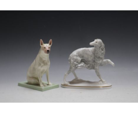 TWO ROYAL WORCESTER DOG FIGURES CONSISTING OF A BULL TERRIER BY DORIS LINDNOR,  and a Borzoi by Kennetch Potts, W 13 cm