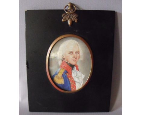 (XIX-XX). An oval portrait miniature on ivory of a military gentleman, unsigned, framed and glazed, frame with metal acorn fi