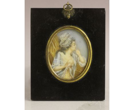J.K (XIX-XX). French school, oval portrait miniature of a lady with left breast exposed, signed lower to middle right, framed