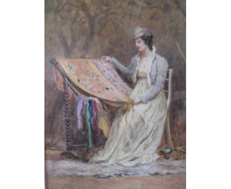 MARY LOUISA GOW (1851-1925). Study of a seated lady working on a tapestry in a garden setting, signed lower right, watercolou
