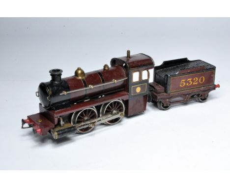 Bing maroon spirit-fired 0-4-0 LMS Locomotive and Tender 5320. Item is in fair to good condition, showing some paint loss and