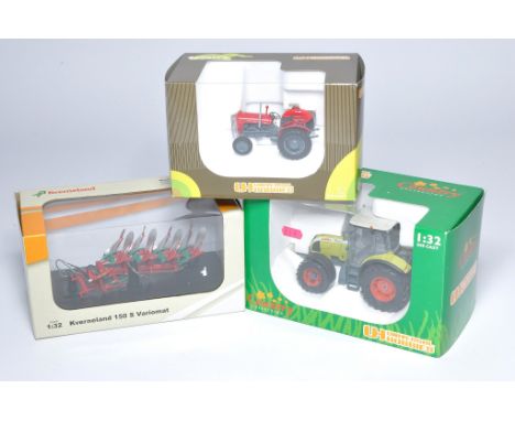 Trio of Universal Hobbies 1/32 farm model issues comprising tractor and implement issues as shown. Plough is loose in box. 