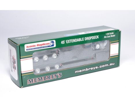Iconic Replicas 1/50 diecast model truck issue comprising 45' Extendable Dropdeck Trailer Set in the livery of Membreys. Look