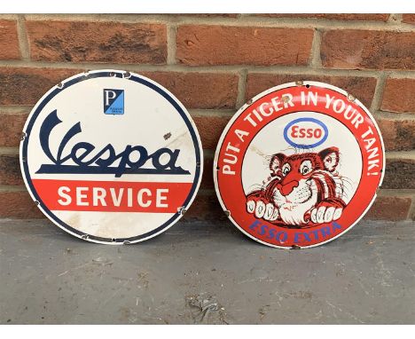 Two Circular Enamel Vespa Service &amp; Esso Extra Signs (2)The buyers premium for automobilia items, including registration 