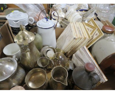 A TRAY OF SUNDRIES TO INCLUDE SAMUEL CLARKE PYRAMID FOOD WARMER, LIDDED ENAMEL POT ETC