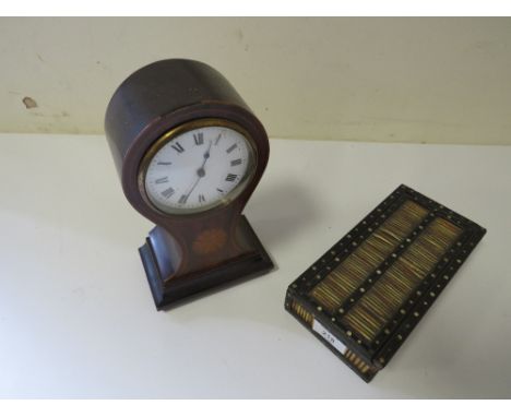 AN INLAID VINTAGE BALLOON MANTLE CLOCK TOGETHER WITH A P-O-W PORCUPINE QUILL BOX 