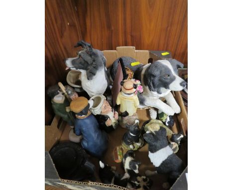 A TRAY OF ASSORTED COLLECTABLE'S TO INCLUDE SHEEP DOG FIGURES BY BESWICK, AND ROBERT HARROP 