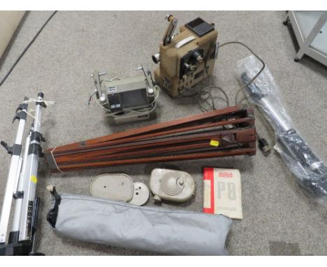A BOX OF VINTAGE PROJECTORS AND CAMERA STANDS ETC 