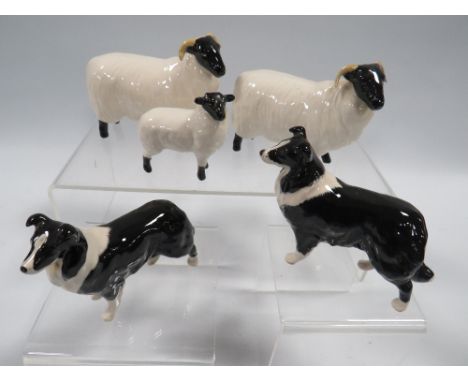 FIVE BESWICK SHEEP AND SHEEP DOG FIGURES 