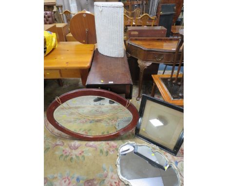 AN ANTIQUE MAHOGANY PEMBROKE TYPE TABLE, TWO MIRRORS, A PORTRAIT &amp; A LLOYD LOOM LINEN BOX (5)