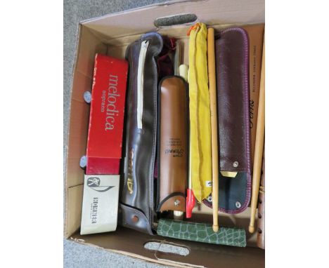 A  TRAY OF ASSORTED MUSICAL INSTRUMENTS TO INCLUDE A CASED BASS RECORDER TOGETHER WITH A CASED TENOR EXAMPLE 