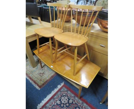 A MID CENTURY COFFEE TABLE A/F TOGETHER WITH TWO ERCOL STYLE CHAIRS (3)