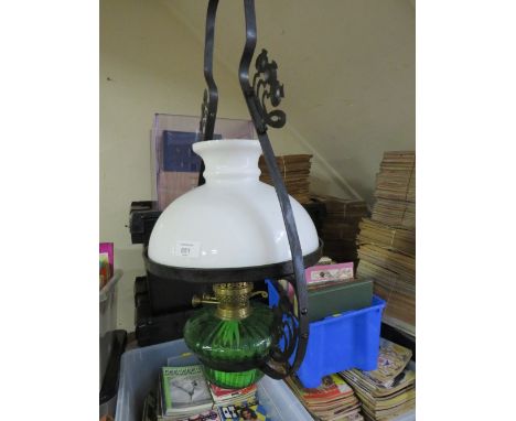 A VINTAGE HANGING OIL LAMP (UNDER STAIRS)
