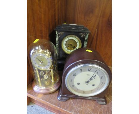 AN INLAID SLATE MANTLE CLOCK, SMITHS DECO STYLE MANTLE CLOCK TOGETHER WITH ANOTHER (3)
