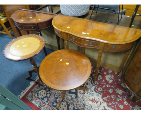 TWO REPRODUCTION HALF MOON CONSOLE TABLES AND TWO CIRCULAR PEDESTAL TABLES (4)
