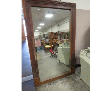 A LARGE VINTAGE WOODEN FRAMED RECTANGULAR MIRROR 198 X 121 CM