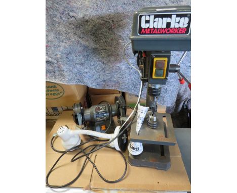 A WORKTOP CLARKE PILLAR DRILL AND A BENCH GRINDER