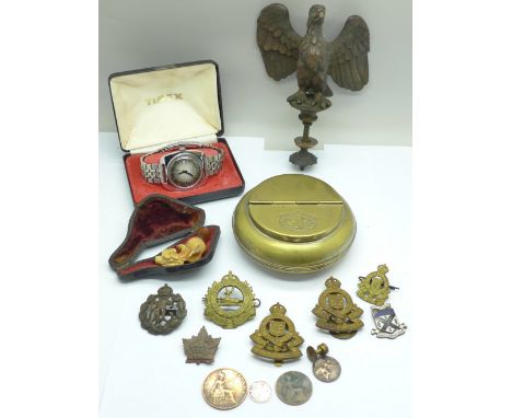 An Eagle car mascot, regimental badges, a Timex wristwatch, boxed, carved Meerschaum pipe, a/f, a silver threepence, other co