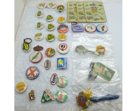 Motor related badges and key rings, mainly 1960's, Vespa, BP, Shell, National, Ford, Esso, etc. 